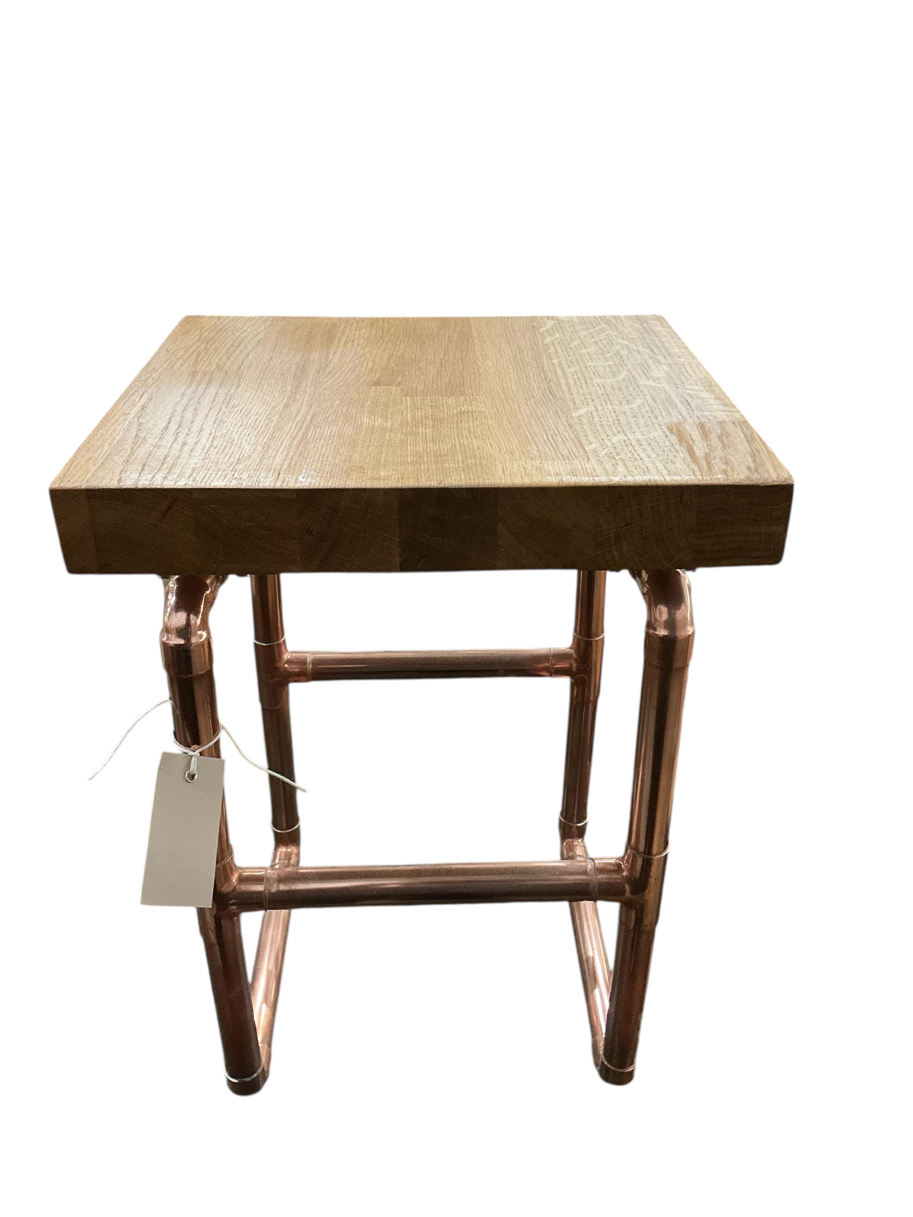 A pair of contemporary Industrial style oak and tubular copper occasional tables, width 38cm, depth 28cm, height 44cm